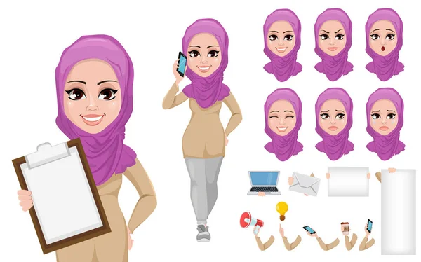 Arabische Geschäftsfrau Zeichentrickfigur Schaffung gesetzt — Stockvektor