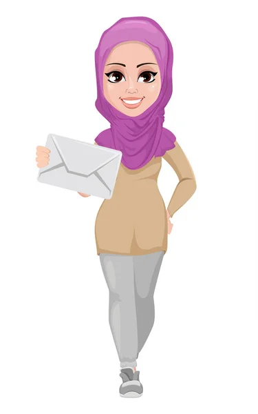 Arabe femme d'affaires, sourire personnage de bande dessinée — Image vectorielle