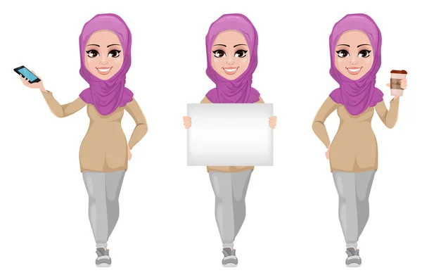 Femme d'affaires arabe, personnage de dessin animé souriant, ensemble — Image vectorielle