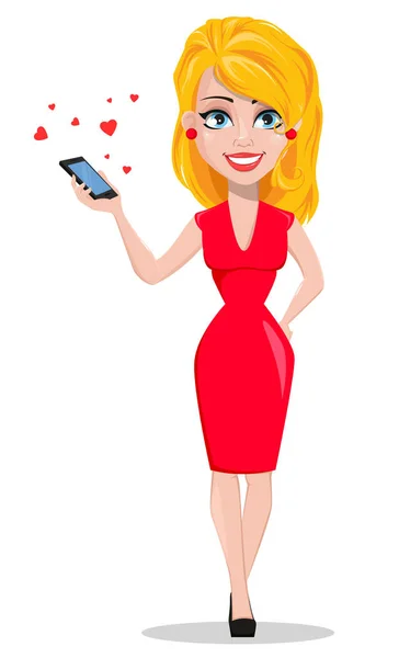 Schöne Frau im roten Kleid hält Smartphone mit vielen kleinen — Stockvektor