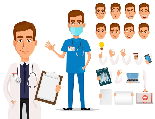 Joven médico profesional, paquete de partes del cuerpo y emociones — Vector de stock