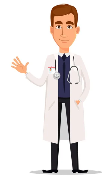 Young professional doctor waving hand — Stock Vector