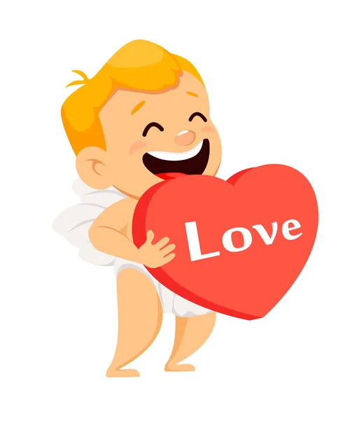 Valentines Day greeting card with cute cupid holding heart — Stock Vector