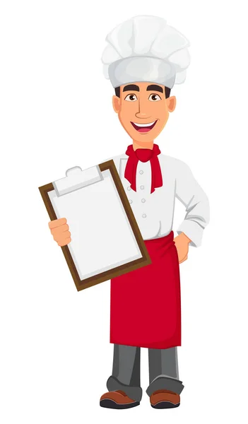 Jovem chef profissional de uniforme e chapéu de cozinheiro — Vetor de Stock