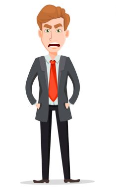 Kızgın yüzü ve elleri cebinde ile takım elbiseli yakışıklı işadamı