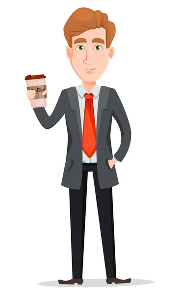 Bonito homem de negócios em terno segurando café — Vetor de Stock