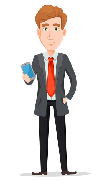 Jóképű üzletember öltöny kezében modern okostelefon — Stock Vector