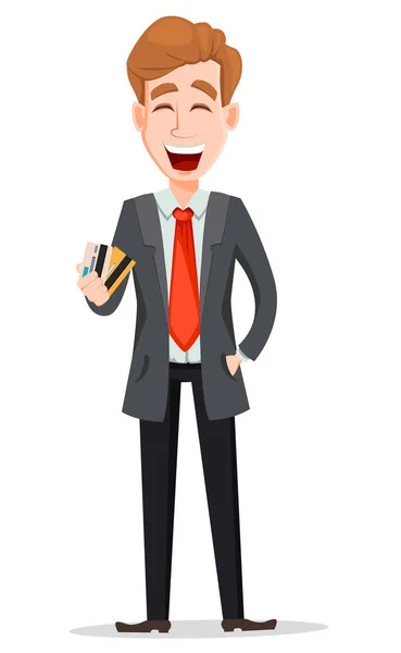 Pohledný podnikatel v obleku drží kreditních karet — Stockový vektor