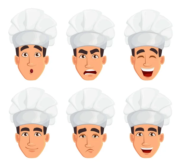 Face expressions of young professional chef man — Stock Vector