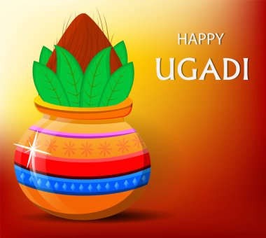 Güzel bir şekilde dekore edilmiş Kalash ile mutlu Ugadi tebrik kartı