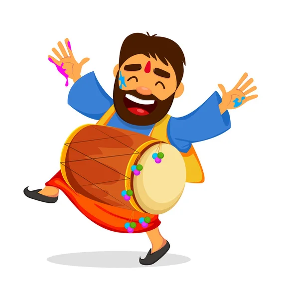Funny dancing man in paint with drum. — Stock Vector