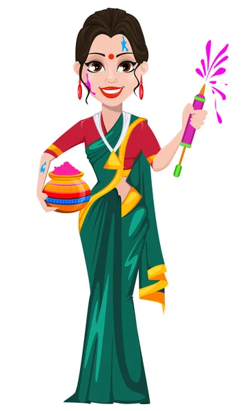 Hermosa mujer india sosteniendo olla con polvo de color — Vector de stock