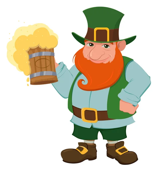 Cartoon happy leprechaun holding a pint of fresh beer. — Stock Vector