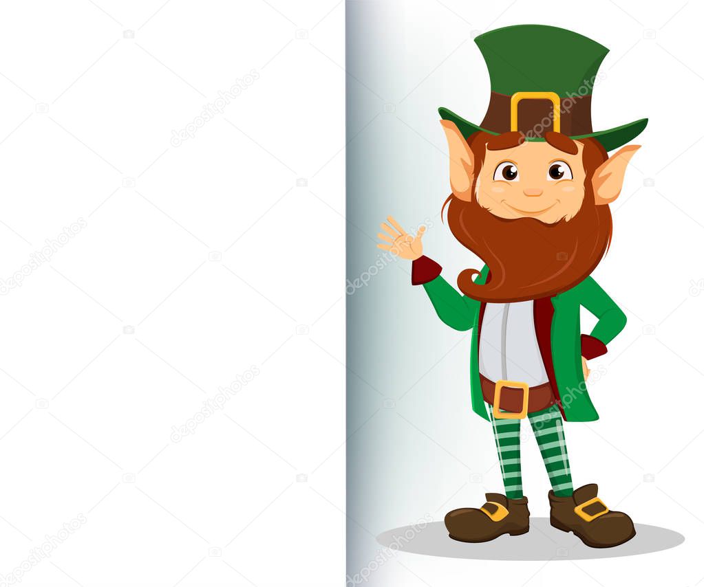 Smiling cartoon character leprechaun with green hat waving hand 