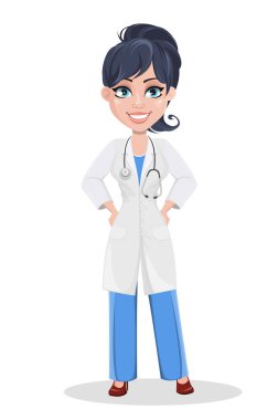 Güzel çizgi film karakteri doktor kalça elleri ile ayakta