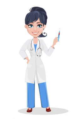Güzel çizgi film karakteri doktor şırınga tutarak