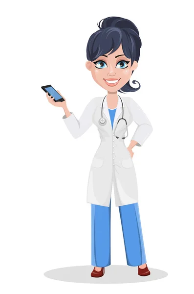 Hermoso personaje de dibujos animados médico celebración de teléfono inteligente — Vector de stock