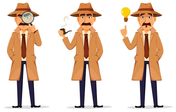 Detective in hat and coat. Handsome character — Stock Vector