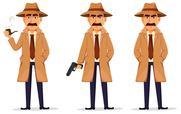 Detective in hat and coat. Handsome character — Stock Vector