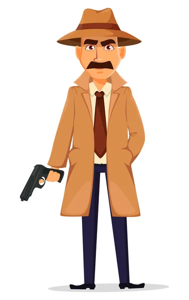 Detective con sombrero y abrigo. Carácter guapo — Vector de stock