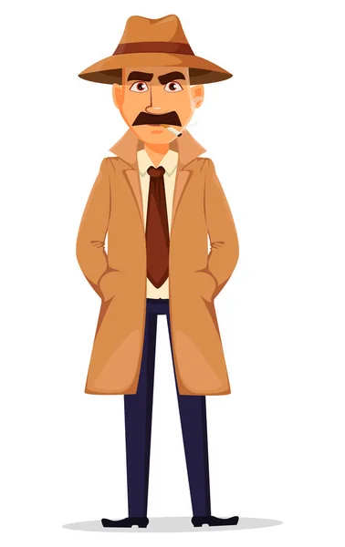 Detective de chapéu e casaco. Caráter bonito — Vetor de Stock