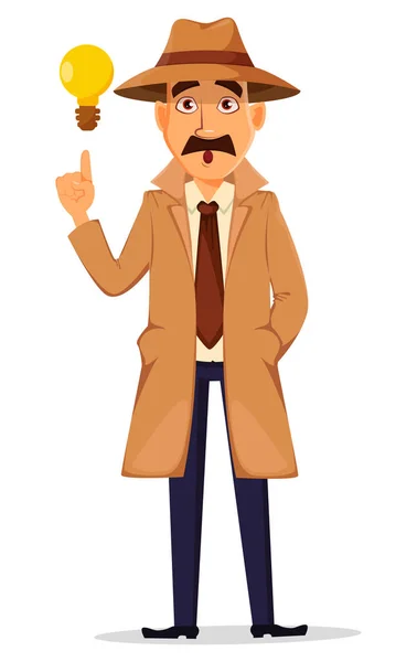 Detective con sombrero y abrigo. Carácter guapo — Vector de stock