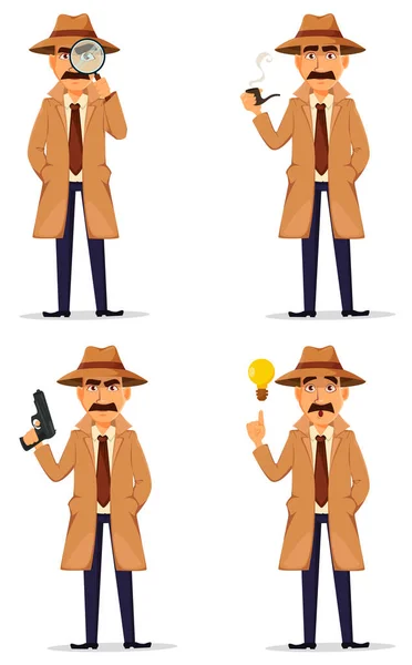 Detective con sombrero y abrigo. Carácter guapo — Vector de stock