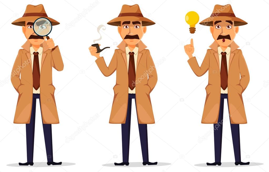 Detective in hat and coat. Handsome character