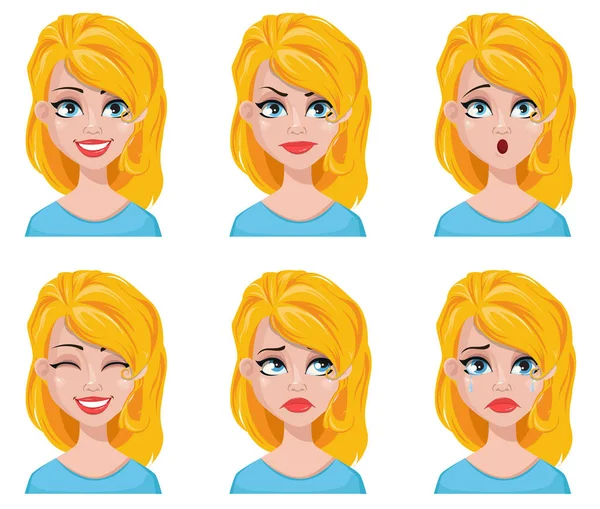 Expressions faciales de femme blonde mignonne . — Image vectorielle