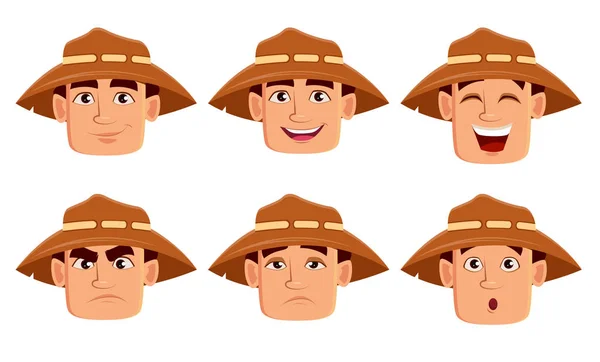 Expresiones faciales de agricultor en sombrero — Archivo Imágenes Vectoriales