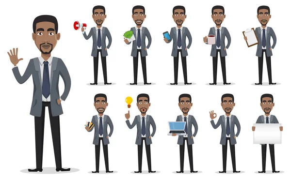 Hombre de negocios afroamericano personaje de dibujos animados — Vector de stock