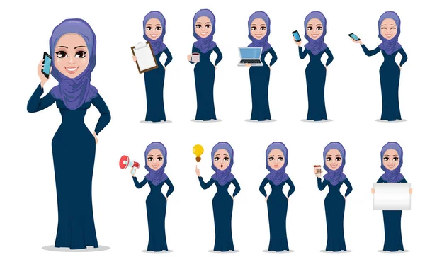 Arabe jeu de caractères femme d'affaires dessin animé — Image vectorielle