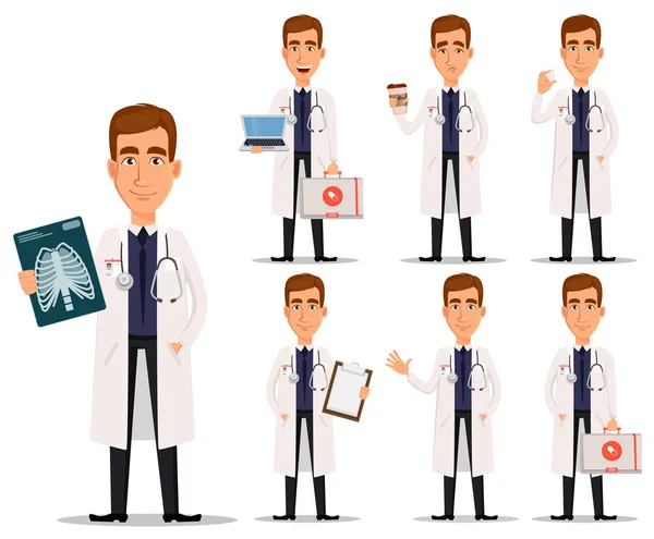 年轻的专业医生在白色外套, 设置 — 图库矢量图片