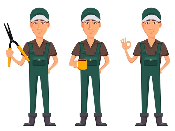 Homem jardineiro, personagem de desenho animado em uniforme —  Vetores de Stock