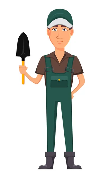 Jardinero hombre, personaje de dibujos animados en uniforme — Vector de stock