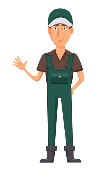 Jardinero hombre, personaje de dibujos animados en uniforme — Vector de stock