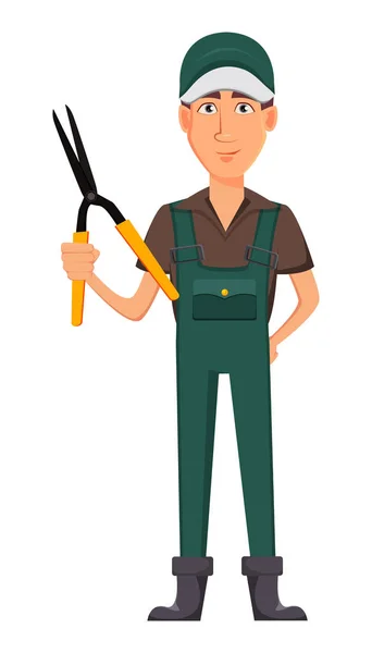 Jardinero hombre, personaje de dibujos animados en uniforme — Vector de stock