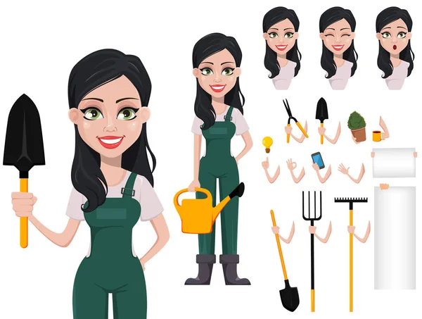 Femme jardinière, personnage de dessin animé en uniforme — Image vectorielle