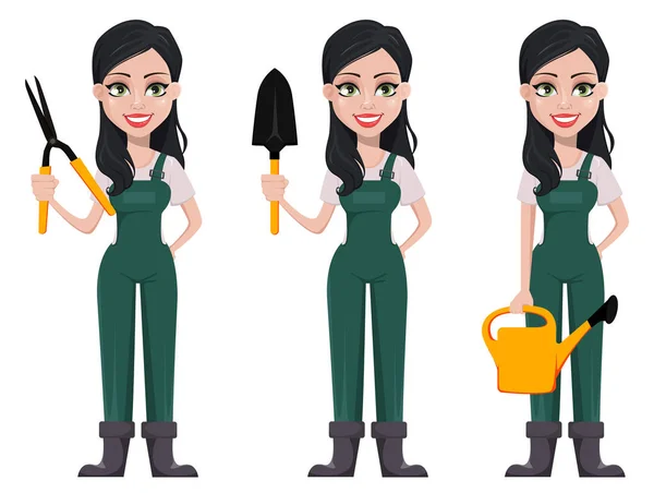 Κηπουρός γυναίκα, χαρακτήρας κινουμένων σχεδίων με τη στολή — Διανυσματικό Αρχείο