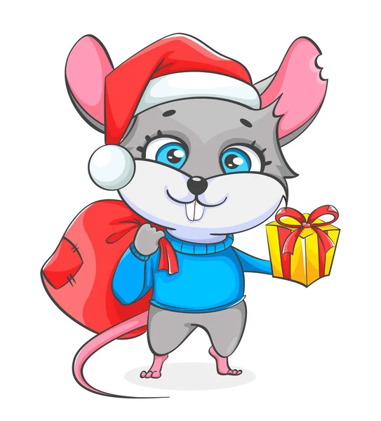 Rat in Santa hoed houden zak met cadeautjes — Stockvector