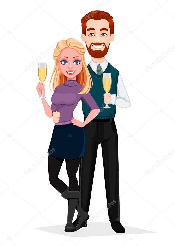 Romantic couple standing with champagne