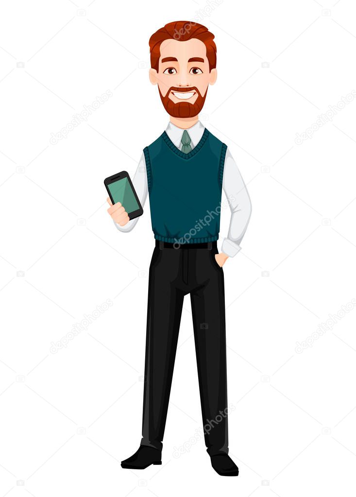 Handsome businessman holding smartphone