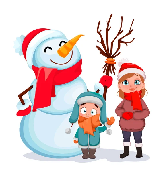 Happy children standing with snowman — Stock Vector