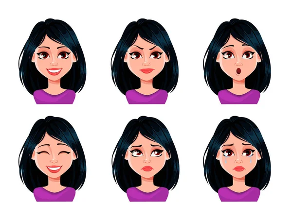 Expresiones faciales de mujer con cabello oscuro — Vector de stock