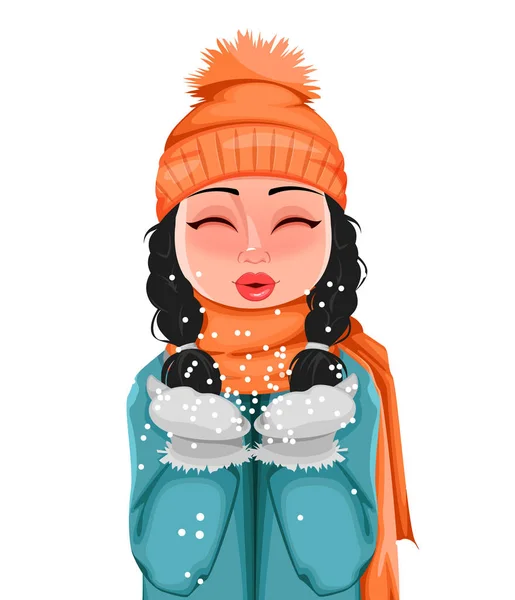 Chica joven en ropa de invierno jugando con la nieve — Vector de stock