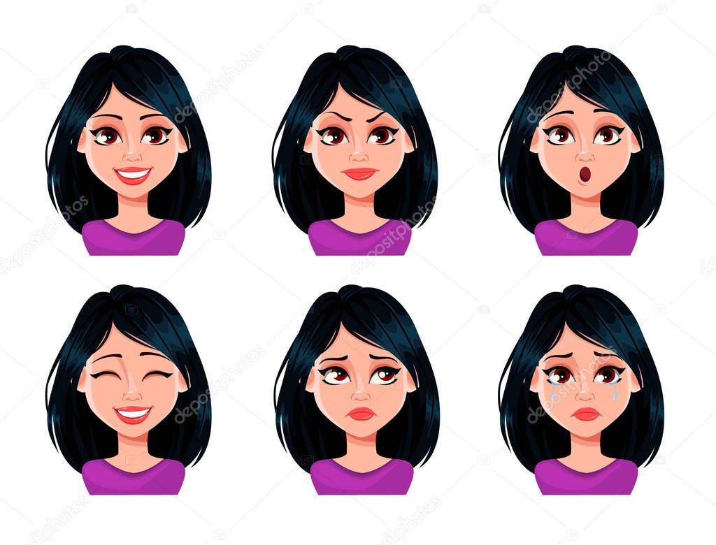 Face expressions of woman with dark hair