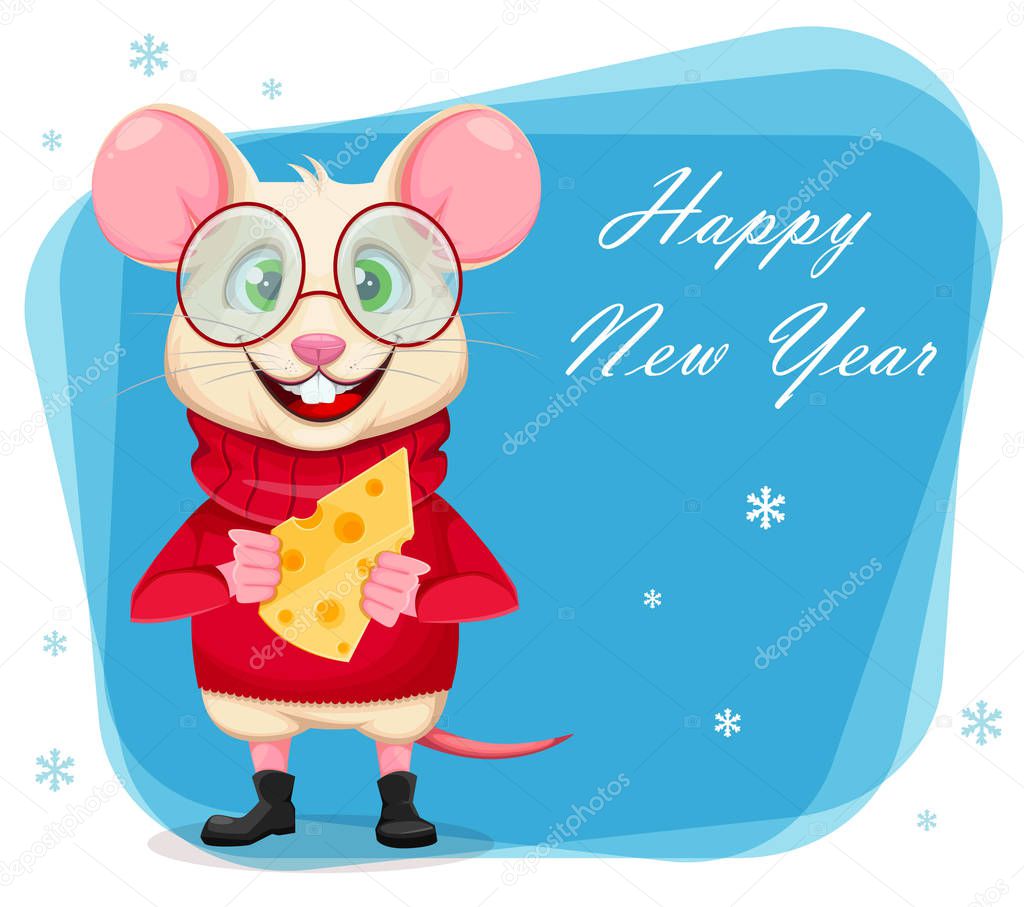 Happy New Year greeting card with funny rat