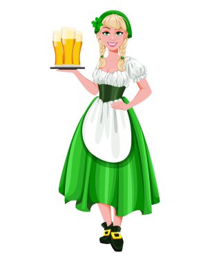 Elinde üç bardak bira tutan genç kız.