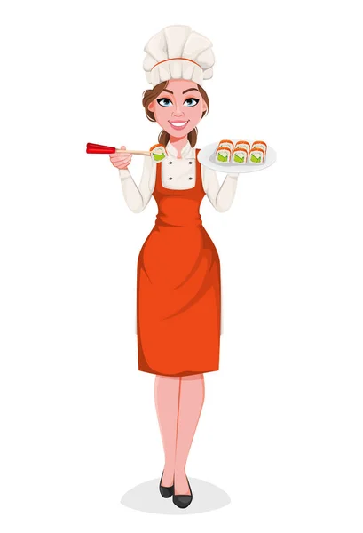 Belle jeune chef femme. Jolie cuisinière dame — Image vectorielle