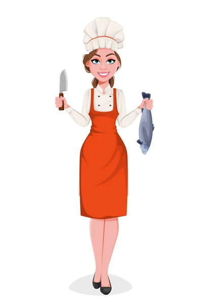 Beautiful young chef woman. Pretty cook lady — Stock Vector